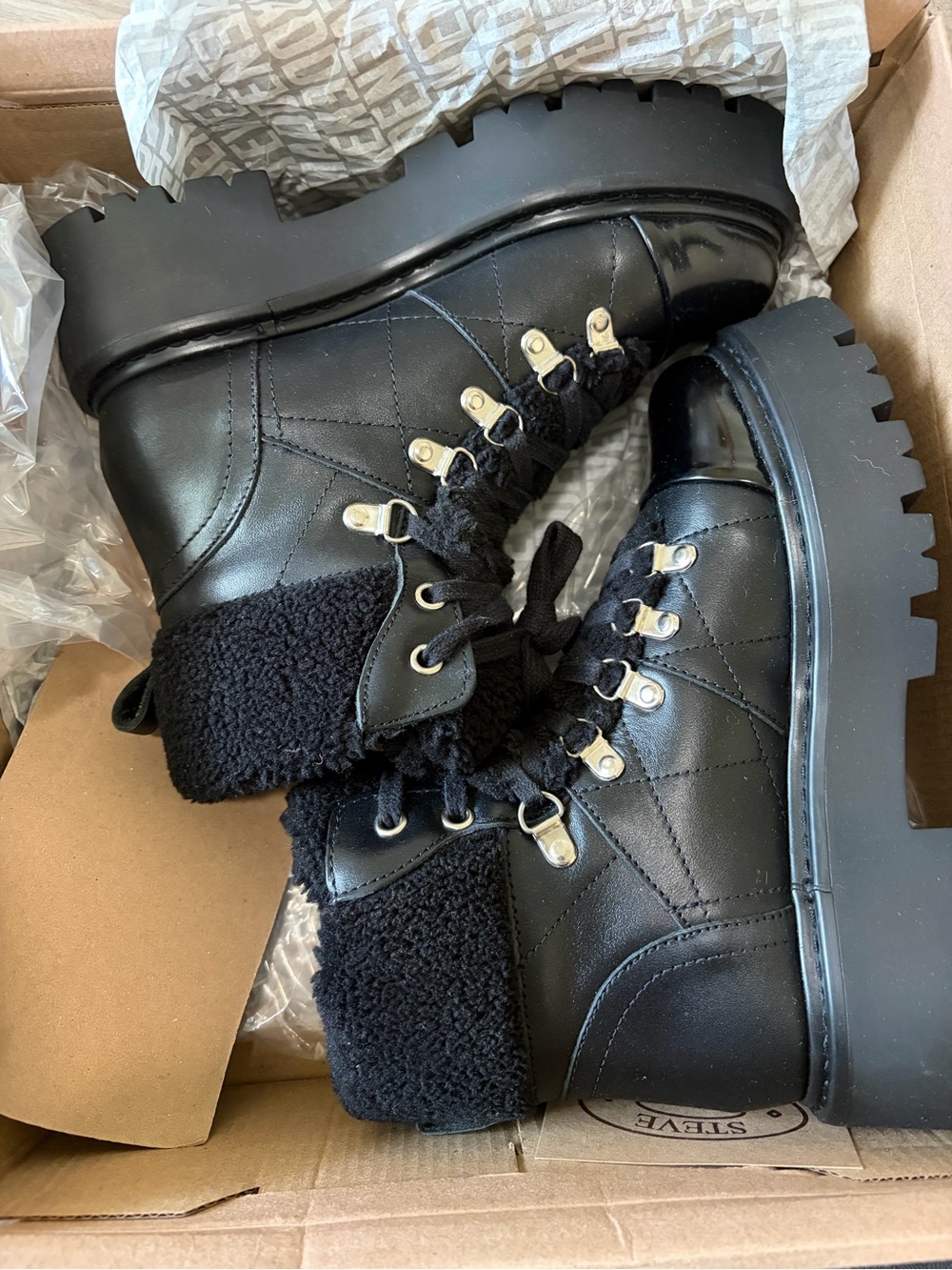 Steve Madden Black Quilted Lace-Up Lug Boots with Faux Sherpa Collar